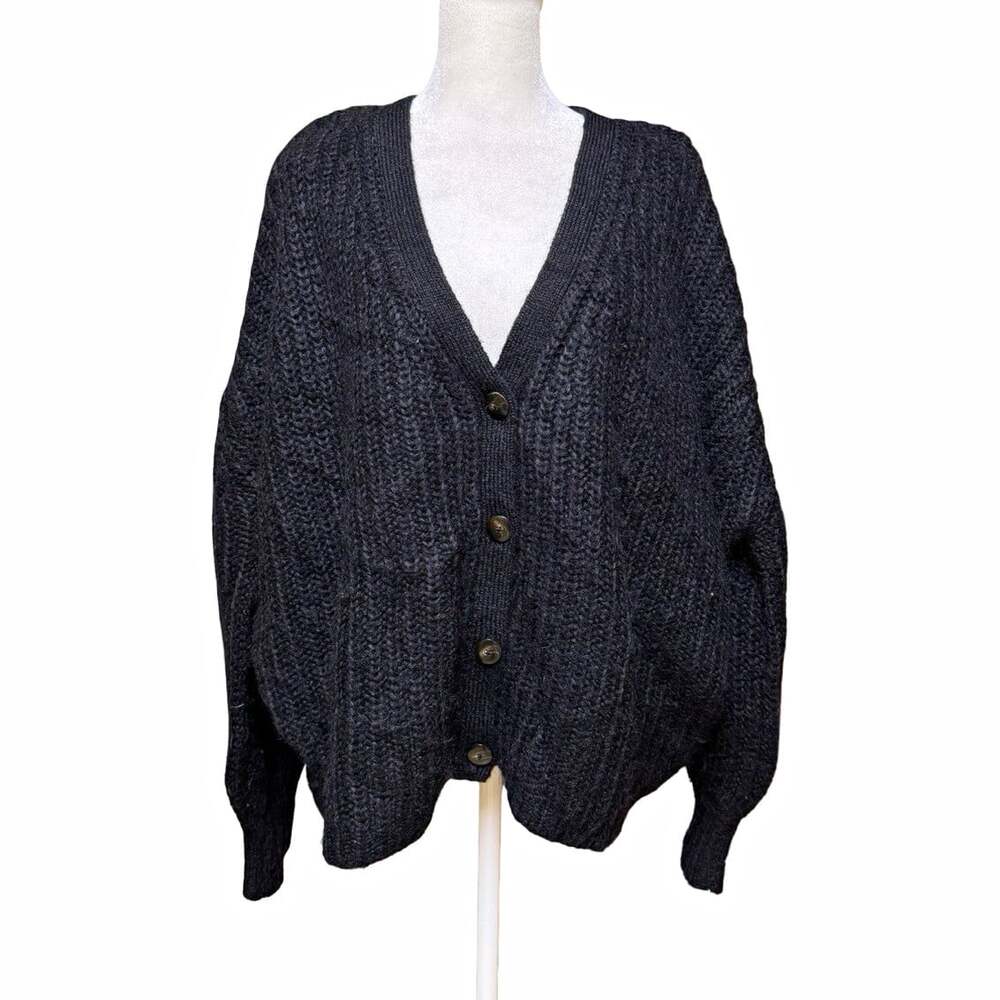 Sézane La Maille Black Oversized Chunky Knit Cardigan Sweater Size L
